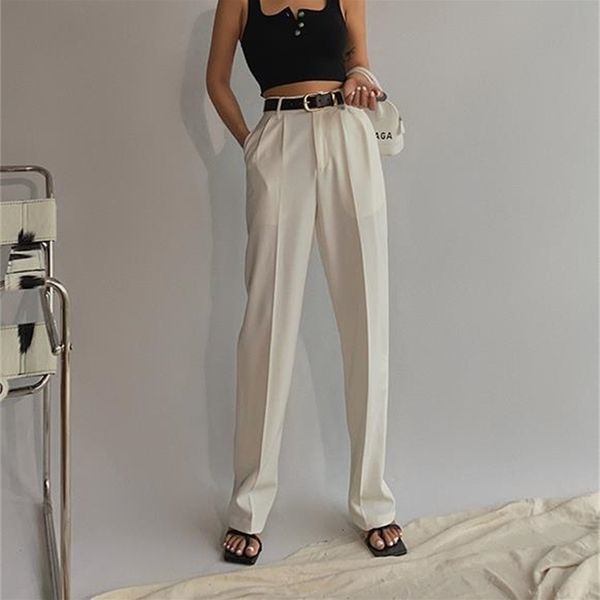 

women high waist loose wide leg pants for spring summer female floor length white suits ladies trousers 211115, Black;white