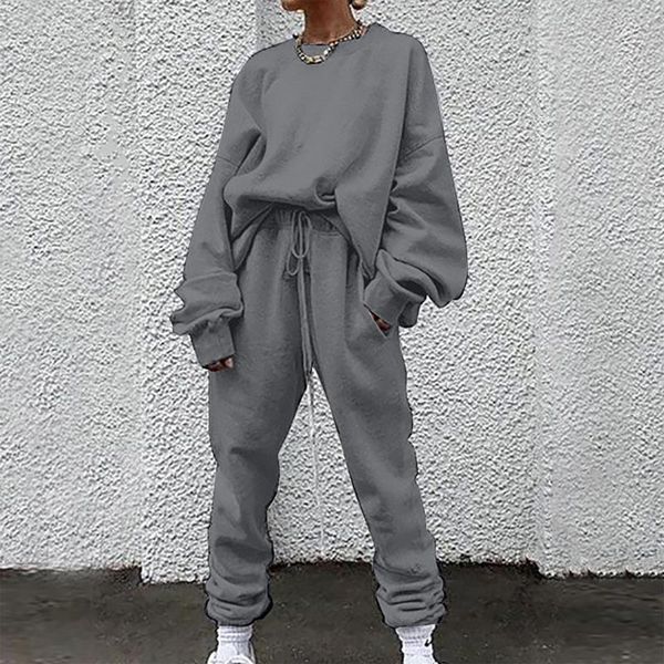 

women's two piece pants long sleeve sweatshirts and trousers 2 set autumn winter tracksuit suit solid colour loose sweater casual, White