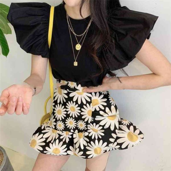 

original pants set korean elegant two piece women blouse shirt elastic waist floral print shorts suits outfits 210514, White
