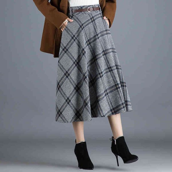 

skirts skirts winter thick blend plaid flared with belt elegant a-line pleated mid-calf long s pbu0, Black