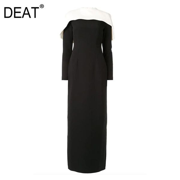 

[deat] 2021 spring autumn fashion tide round neck floor-length long sleeve splicing elegant dress women 13c150 casual dresses, Black;gray