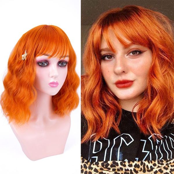 

synthetic wigs leeons short bob wig with bangs for women water wave blue green pink purple party daily 10inch, Black