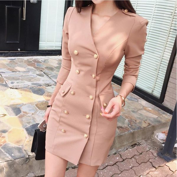 

casual dresses autumn elegant v-neck women dress vestidos long sleeve double breasted bodycon female mini office robe femme, Black;gray