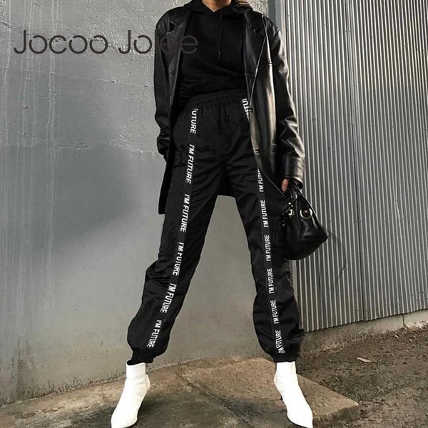 Joloo jolee europa estilo letra impressão harem calças mulheres calças soltas corredor calças elásticas casuais cintura elástica calças de combate streetwear 210619