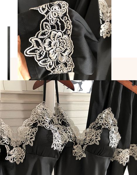 

20215pc satin robe sleep suit silk lace pajamas gown set womens v-neck cami nighties wear pijama spring home nightwear, Black;red