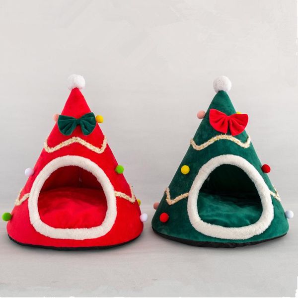 

cat beds & furniture christmas tree shape dog bed house winter warm sleeping half closed soft kennel nest cage pet products