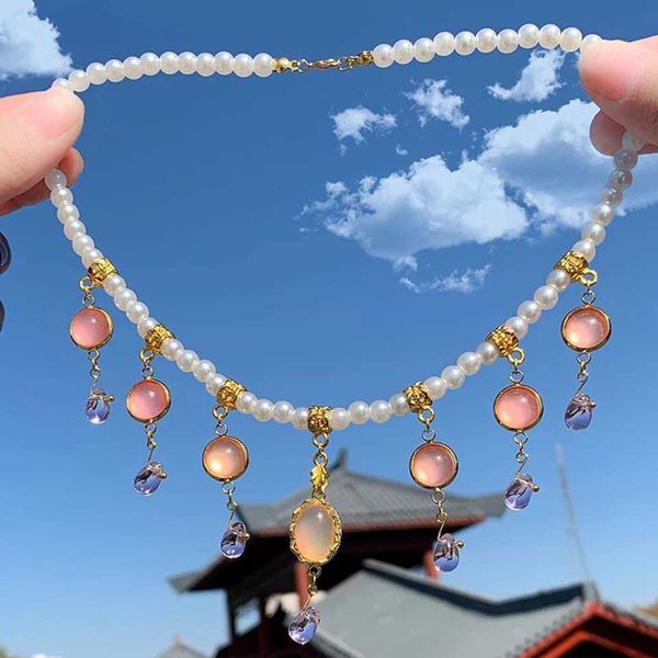 

xinhuaease hanfu accessories costume jewelry necklace women girls ancient chinese imitation pearls tanling decorative folk, Silver