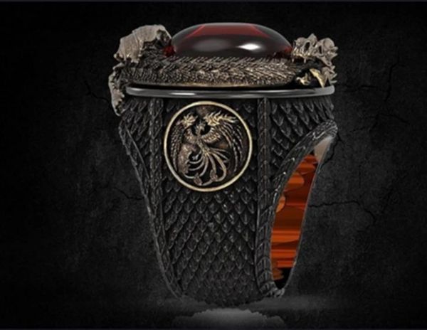 

ring jewelry gothic dark tide wind golden dragon inlaid red men's, Silver