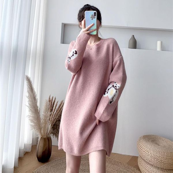 

casual dresses autumn winter kawaii women turtleneck loose plus size sweater 2021 korean cute little bear long sleeve straight dress, Black;gray