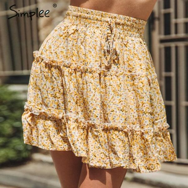 

bohemian ruffled women elastic lace up high waist ladies mini skirt summer beach wear casual holiday bottom skirts 210414, Black