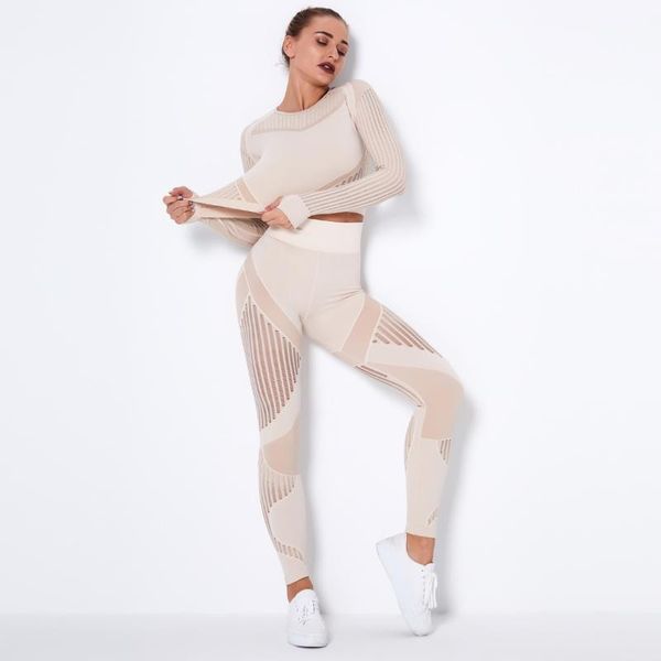 

yoga outfit gym clothing seamless lnsert the mesh leggings women set workout clothes athletic wear fitness long sleeve sport suit