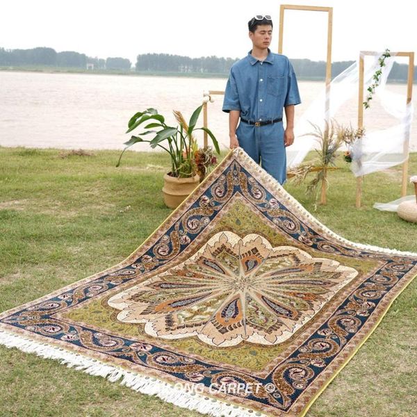 

carpets 6'x9' green hand knotted rug design handmade silk (ywx131a)