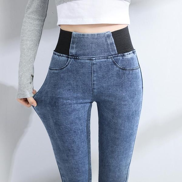 

women's jeans vintage washed blue elastic waist abdomen skinny high slim tight pencil feet pants mom