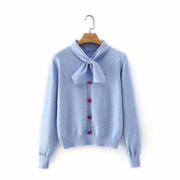 

women sweater bow collar pullover long sleeve casual thin button blue yellow white black pink m0336 210514