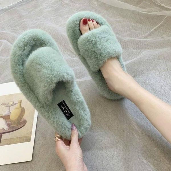 

slippers women furry house cute plush fur winter female lady indoor with, Black