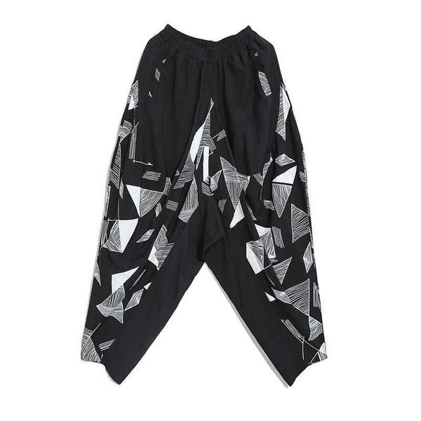 

perhaps u women cross pants elastic waist black geometric print casual p0024 210529, Black;white
