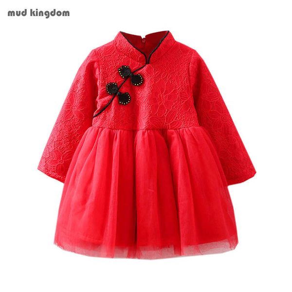 

mudkingdom girls dresses cute chinese style lace ruffle princess dress long sleeve autumn baby clothes 210615, Red;yellow