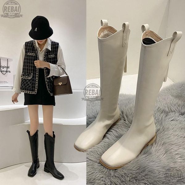 

boots 2021 women's knee high leather superstition knight plus size short women low-heeled heels, Black