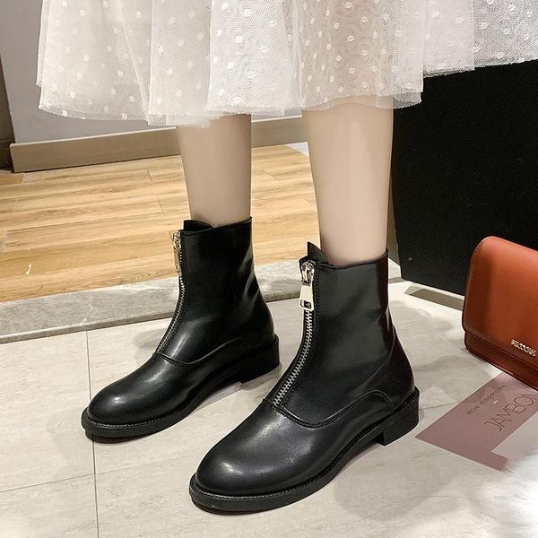 

slip on zipper patchwork ankle boots square mid heels leather ladies winter women shoes woman botas mujer, Black