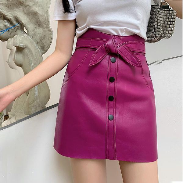 

skirts female high waist genuine sheepskin leather women's short skirt slim elegant mini skrits ropa de mujer zjt2451, Black