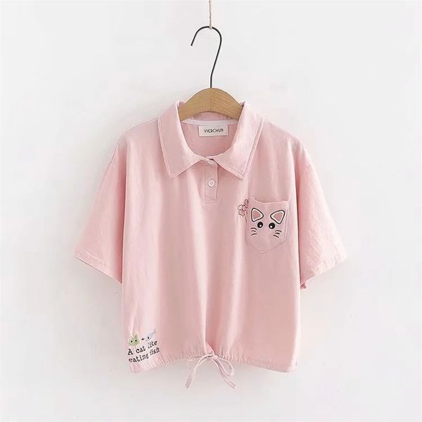 

women sweet t-shirt summer lapel cartoon print short lace up loose casual cute wild fashion korean pullover 210531, White
