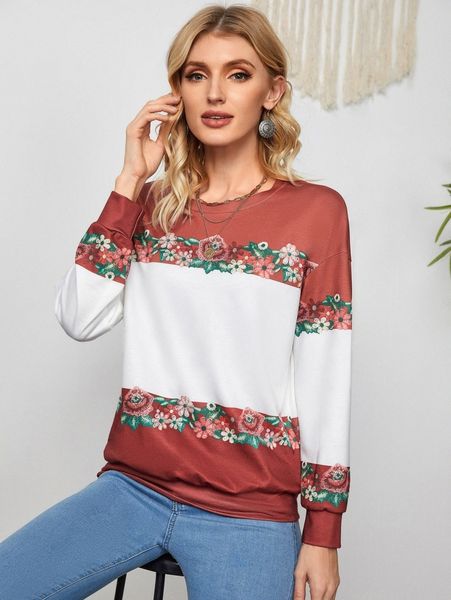 

emery rose floral print colorblock drop shoulder sweatshirt w08h#, White;black