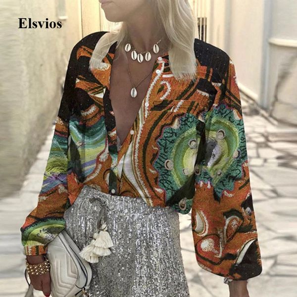 

women's jumpsuits & rompers 2021 v-neck button office lady blouse elegant women long sleeve boho shirt vintage print hol, Black;white