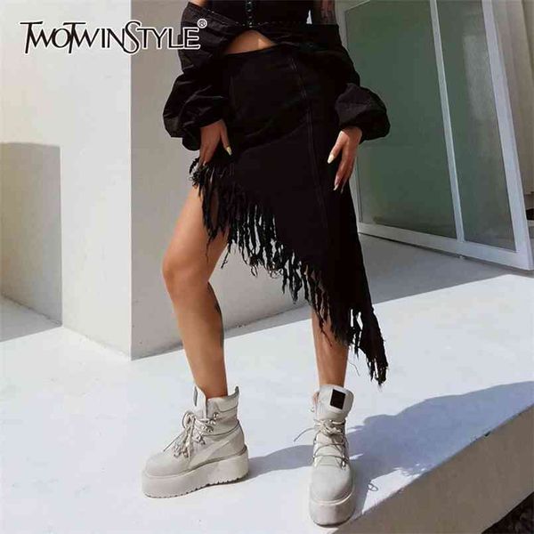 

asymmetrical patchwork tassel skirt for women high waist irregular hem black skirts female fashion clothing 210521