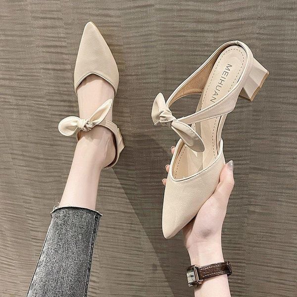 

cover toe shoes woman 2021 female slippers square heel butterfly-knot med shallow block pointed rubber basic, Black