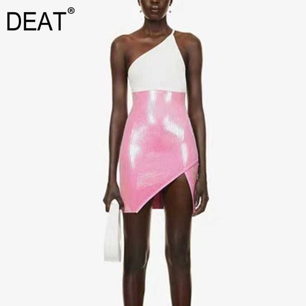 

[deat] summer fashion asymmetric collar high waist sequins sleeveless splicing loose elegant dress women 13q272 210527, Black;gray