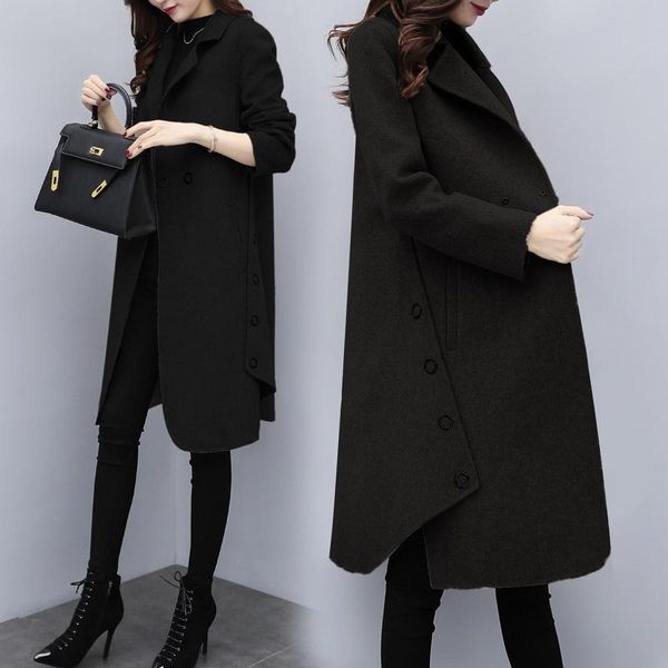 

women's wool & blends 2021 fahion european style autumn winter coat women blend cardigan jacket long warm female outwear, Black