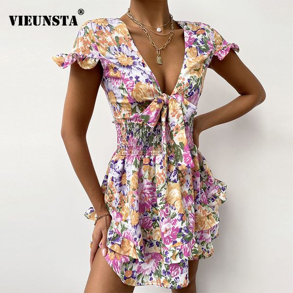

deep v-neck tie-up bow party dress women 2021 summer butterfly short sleeve mini dress spring floral print ruffle dresses x0521, Black;gray