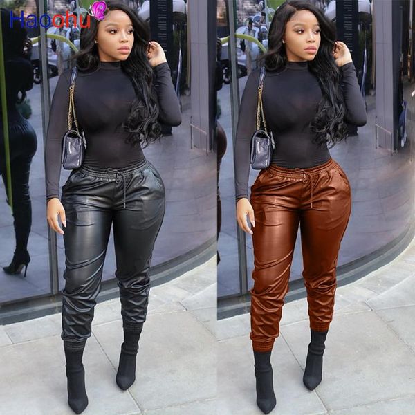 

women joggers trousers autumn winter mid waist drawstring pu leather pants sweatpants with slant pocket lady bottoms women's & capris, Black;white