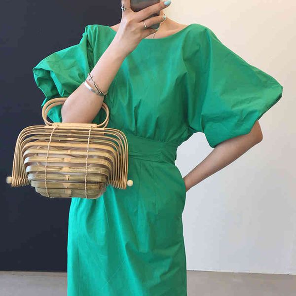 

korean chic candy color round neck purple loose runway dress summer puff sleeve modern lady dresses 16w60114 210510, Black;gray
