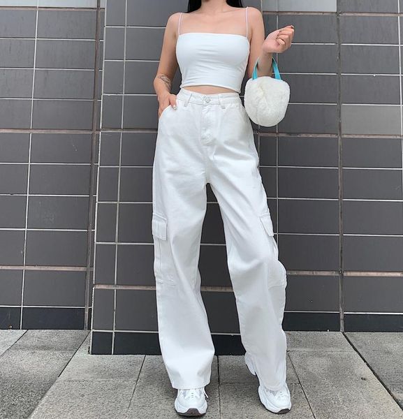 

women's jeans streetwear y2k high waist pockets wide leg cargo pants fashion loose straight denim trousers baggy mom, Blue