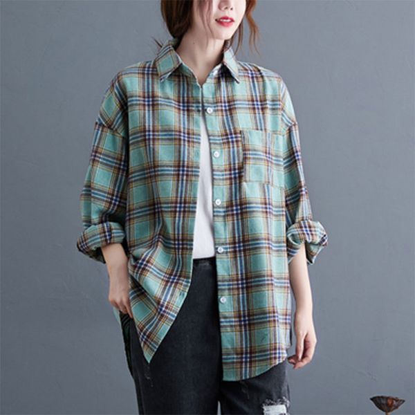 

women's blouses & shirts spring autumn fashion women long sleeve loose korean blouse all-matched casual cotton plaid plus size m61, White