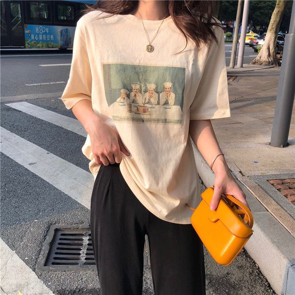 

knits fashion vintage summer women print cotton students basic chic all-match loose casual short-sleeved t-shirts, White