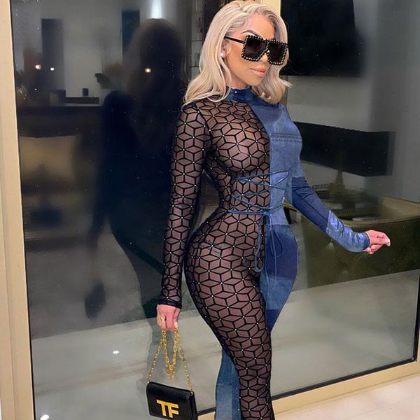 

leopard patchwork print bodycon mesh womens jumpsuit sheer skinny lace up cross bandage romper one piece night club outfits, Black;white