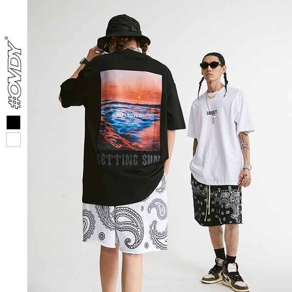 

wxwovdy men's 2021 spring and summer new fashion brand sunset beach print street oversize short sve men's wear, White;black