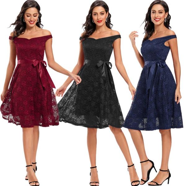 

casual dresses women lace party dress off shoulder slash neck bow a-line short knee length formal evening fashion vestidos fit & flare, Black;gray