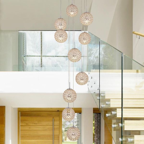 

pendant lamps american living room penthouse lobby apartment rotating long round ball crystal staircase chandelier light for home high ceili