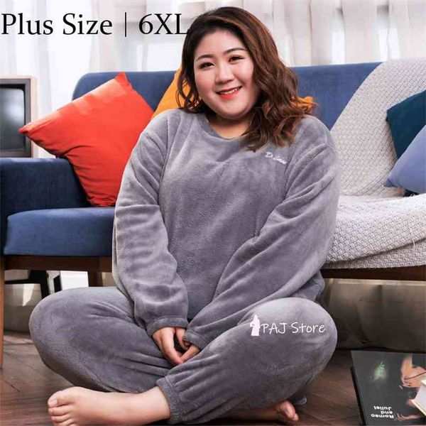 

6xl plus size flannal warm pajamas set ladies' pyjamas woman nightgown winter home clothes loungwear homewear pajama 210924, Black;red