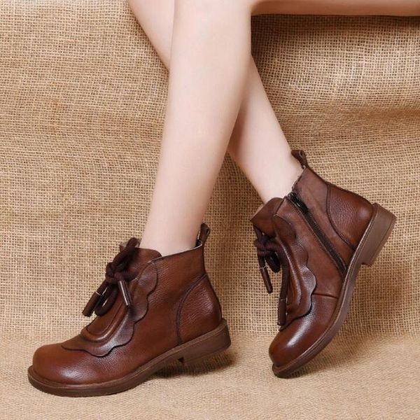 

boots genuine leather women winter vintage fashion female breathable cowhide bootie side zipper comfortable woman s, Black