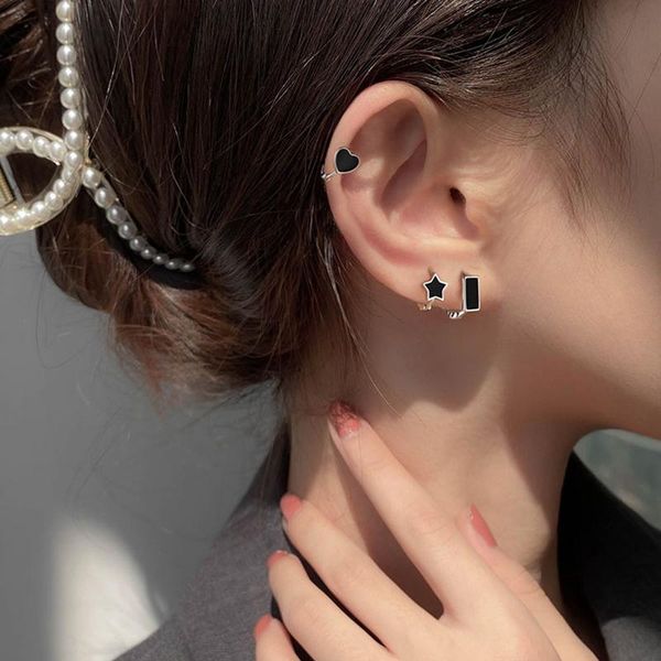 

hoop & huggie fashion trend black geometric stud earrings round piercing punk hip-hop, Golden;silver