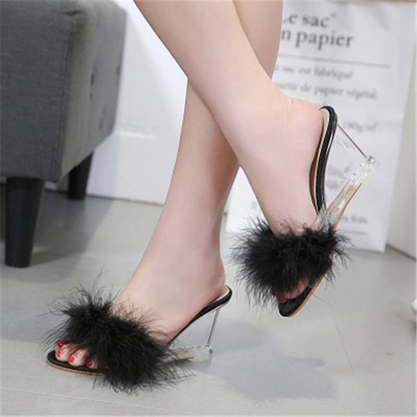 

slippers high-heeled shoes, summer women's shoes simple 8.5cm transparent with wedged, Black