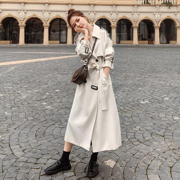 

women's trench coats coat long 2021 spring and autumn korean version of english wind knee slim casual, Tan;black