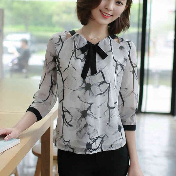 

womens bow blouses blusas print women clothing shirts blouse chiffon plus size three quarter sleeve ladies 581c 210420, White