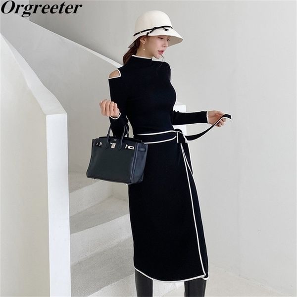 

high-quality shoulder hollow long sleeve black knitted dress white striped trim sashes bow slim split mid-length sweater 211109, Black;gray