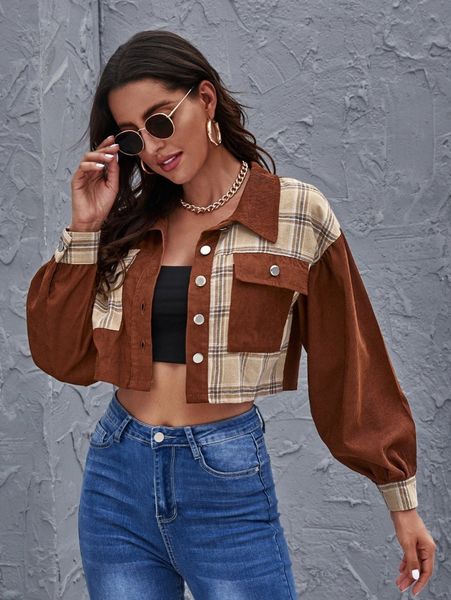 

contrast plaid crop corduroy jacket 03pb#, Black;brown