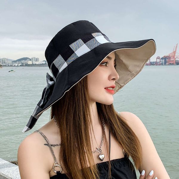 

sun hat sunshade female sunscreen fisherman's big brim bow summer korean tide mask sun hat, Blue;gray